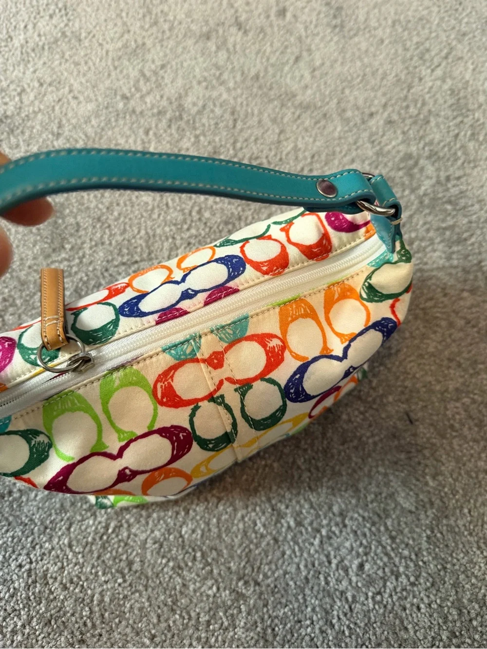 Coach Multicolor Signature Shoulder Bag with Teal Handle